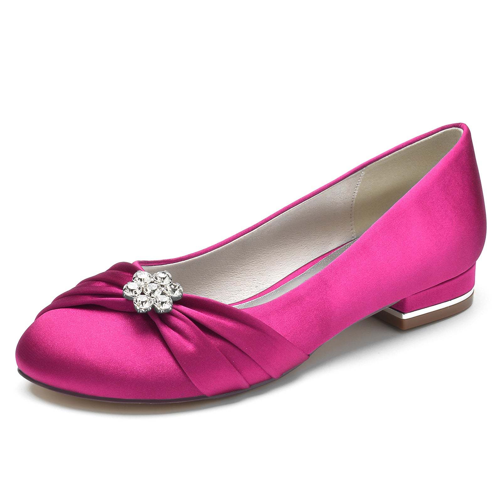Bridal Shoes for Women with Rhinestone Flowers in Silk Satin Low Closed Round Toe