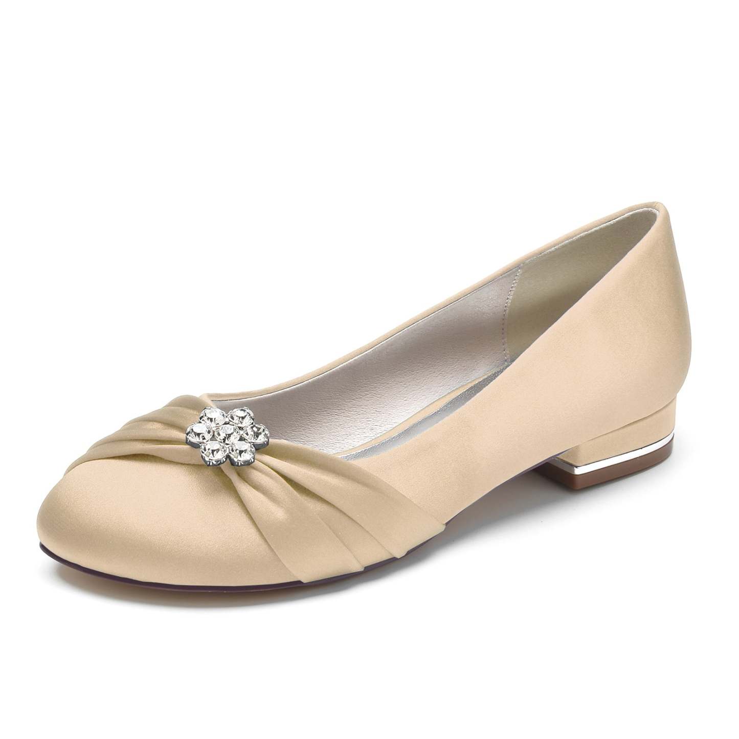 Bridal Shoes for Women with Rhinestone Flowers in Silk Satin Low Closed Round Toe