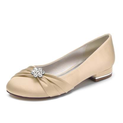 Bridal Shoes for Women with Rhinestone Flowers in Silk Satin Low Closed Round Toe