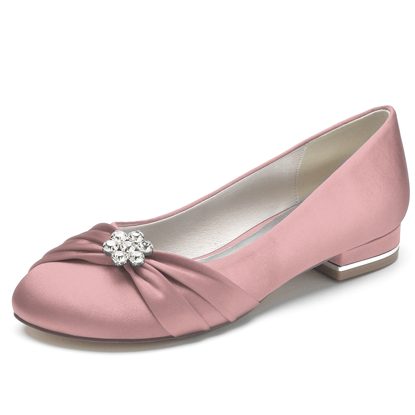 Bridal Shoes for Women with Rhinestone Flowers in Silk Satin Low Closed Round Toe