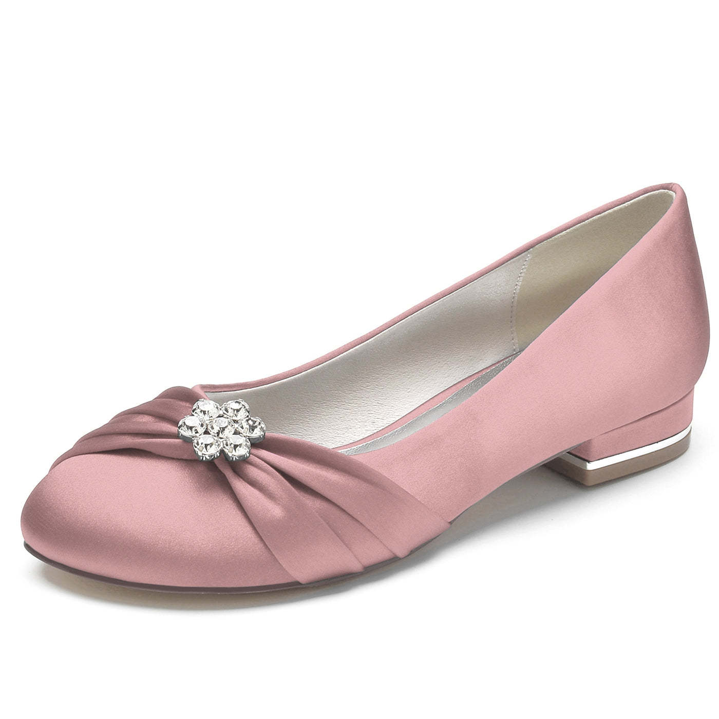 Bridal Shoes for Women with Rhinestone Flowers in Silk Satin Low Closed Round Toe