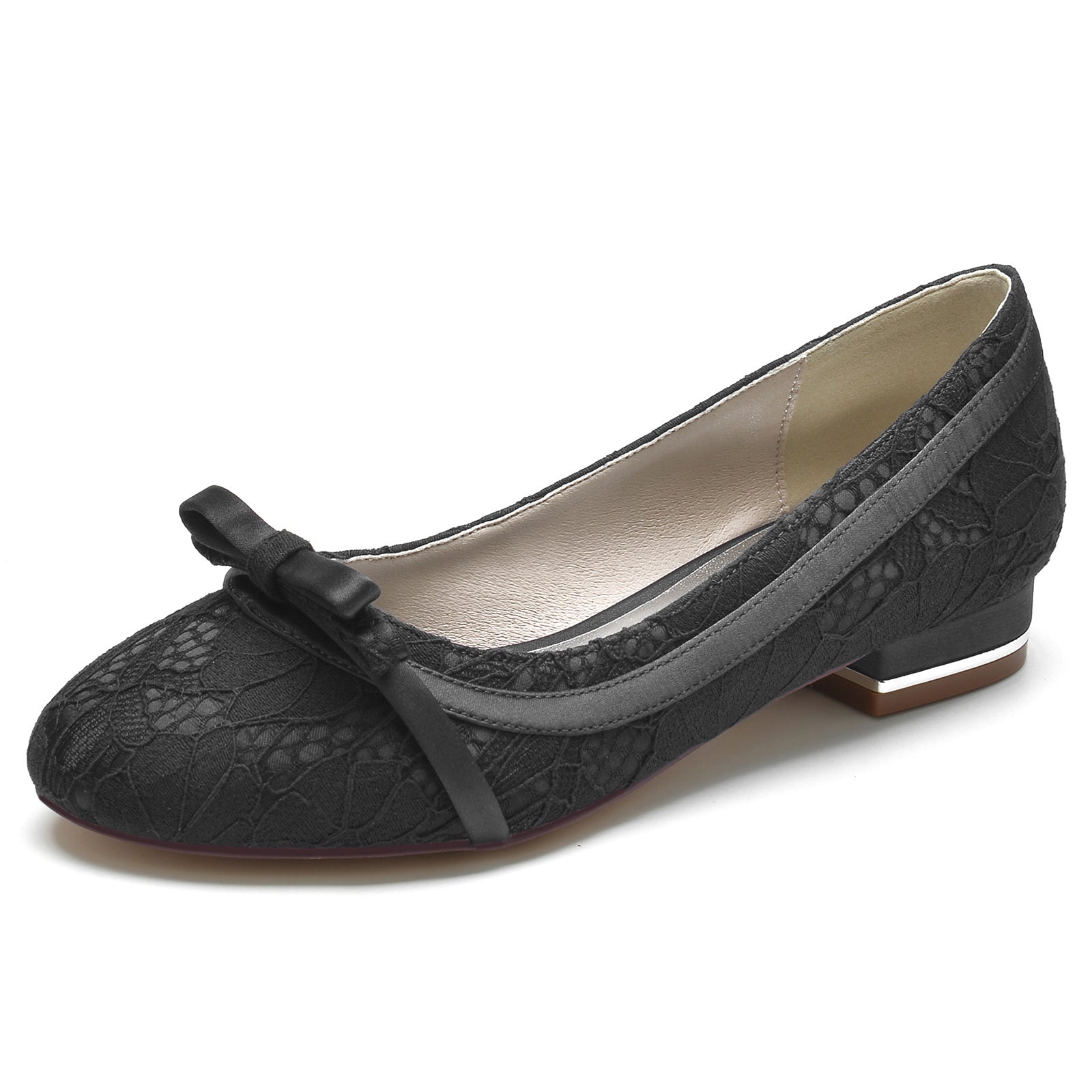Bridal Shoes for Women with Silk Satin Lace Bow and Low Closed Heel