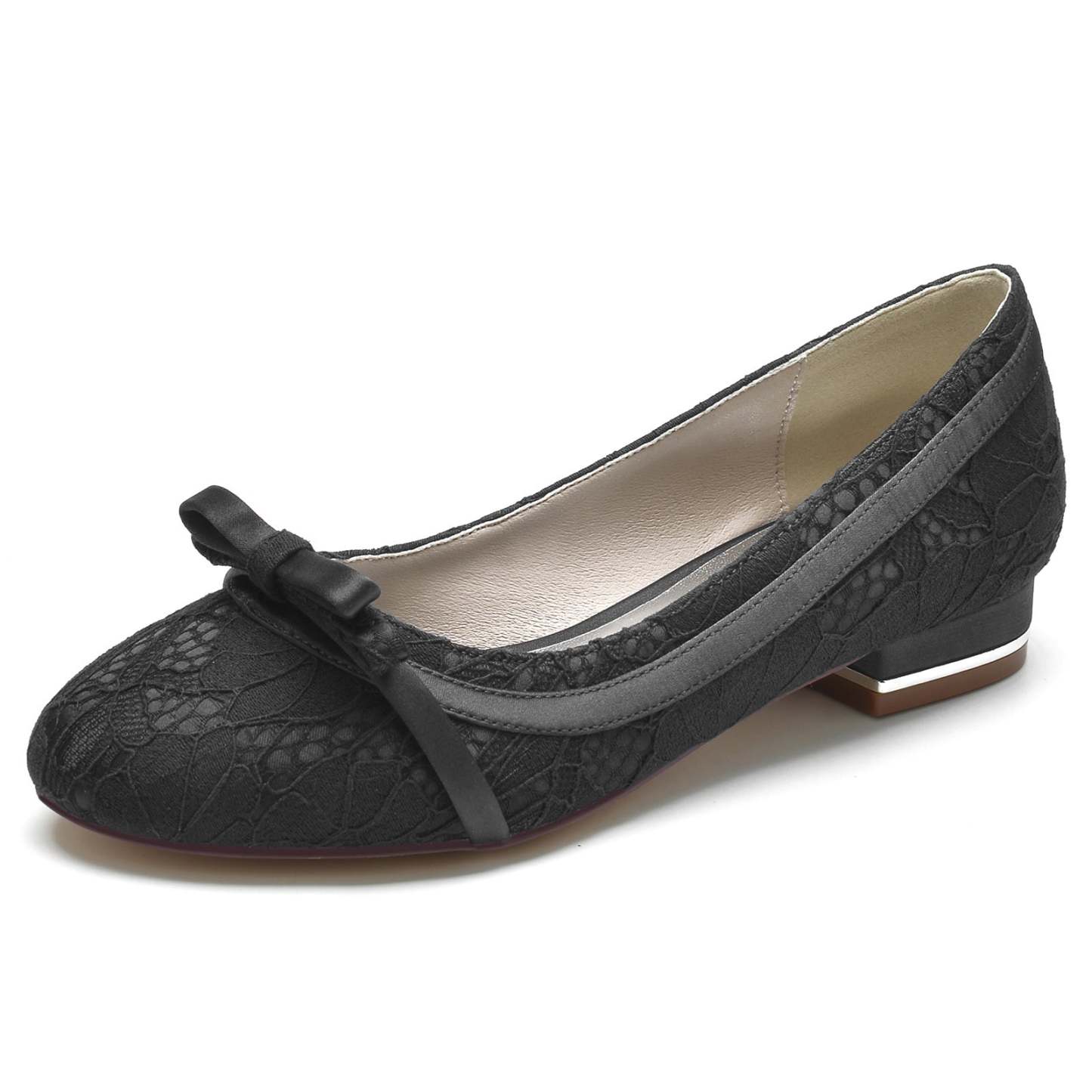 Bridal Shoes for Women with Silk Satin Lace Bow and Low Closed Heel