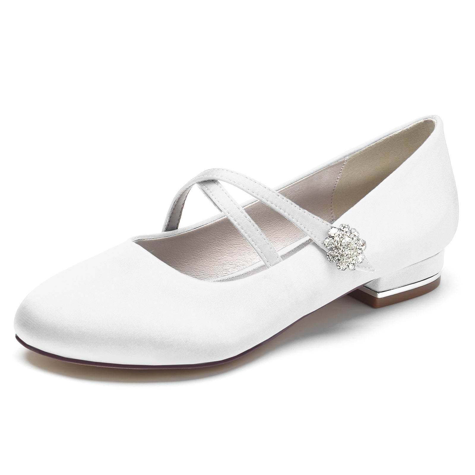 Bridal Mary Jane Shoes for Women with Rhinestone Buckle in Silk Satin