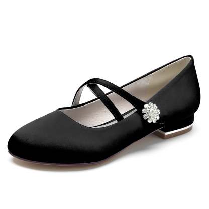 Bridal Mary Jane Shoes for Women with Rhinestone Buckle in Silk Satin