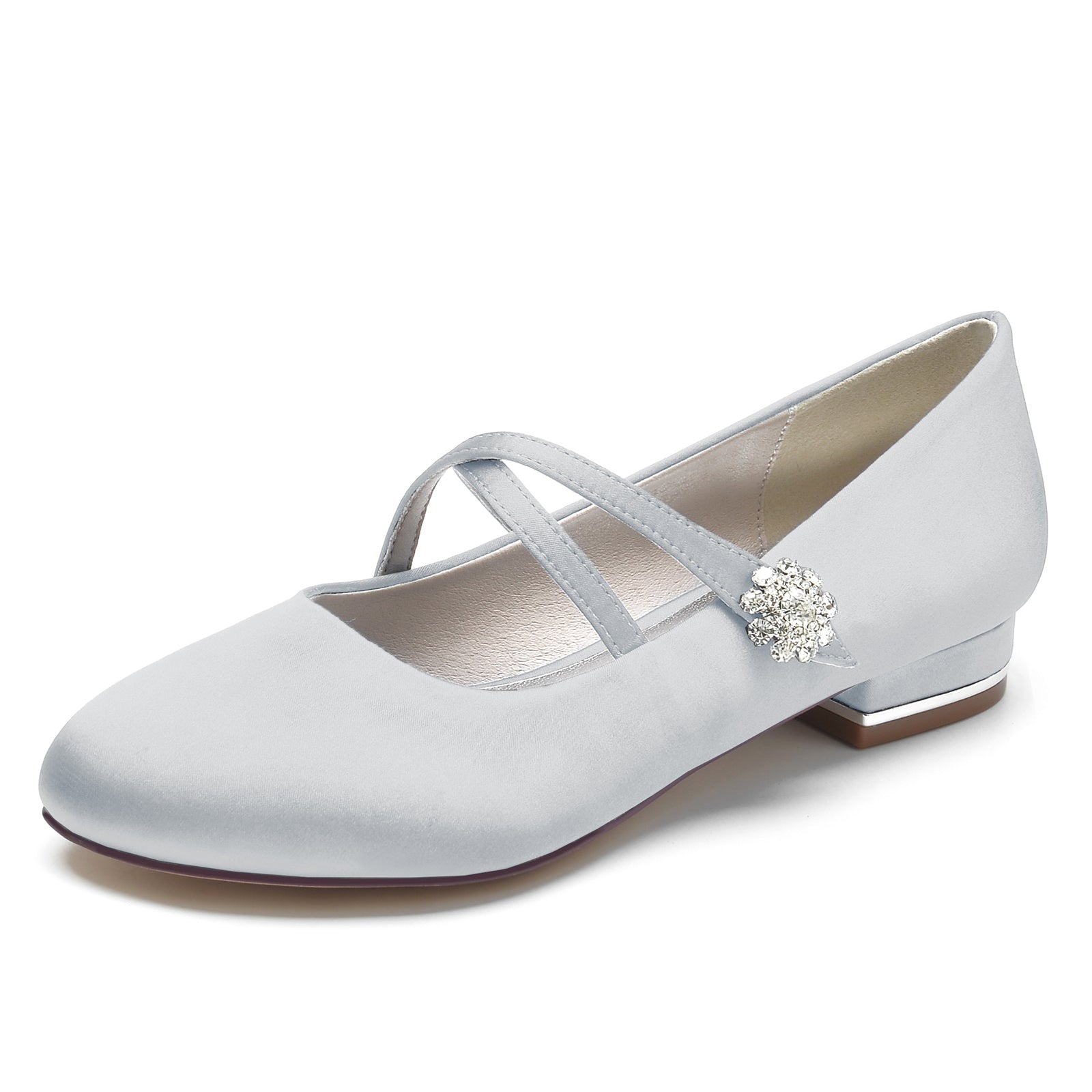 Bridal Mary Jane Shoes for Women with Rhinestone Buckle in Silk Satin
