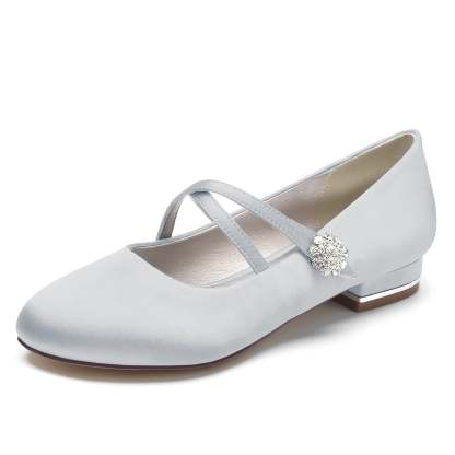 Bridal Mary Jane Shoes for Women with Rhinestone Buckle in Silk Satin