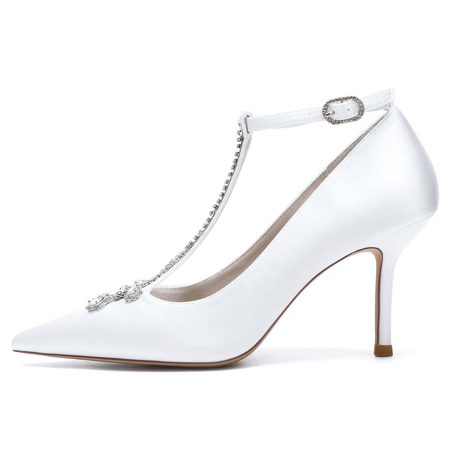 Bridal Stiletto Heels for Women with Rhinestone Buckles and Pointed Toes