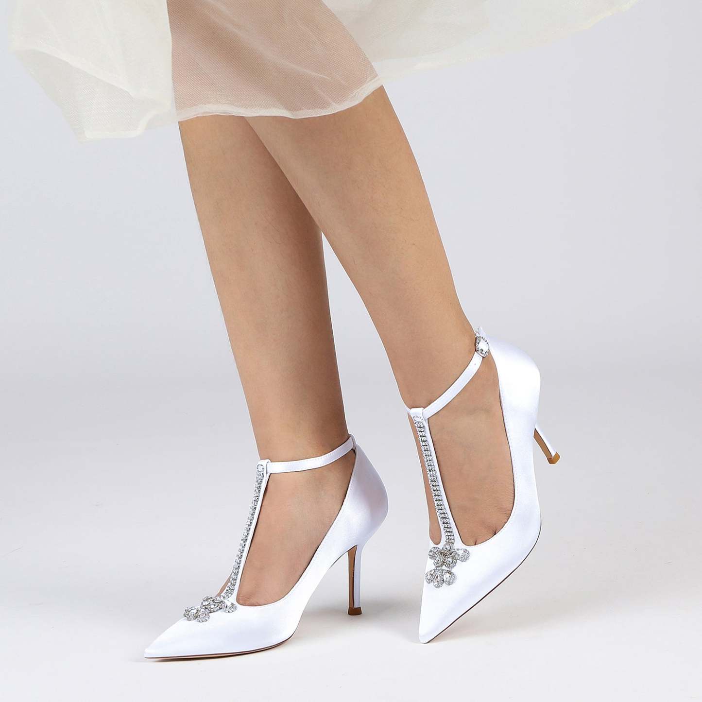 Bridal Stiletto Heels for Women with Rhinestone Buckles and Pointed Toes
