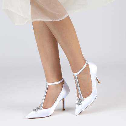 Bridal Stiletto Heels for Women with Rhinestone Buckles and Pointed Toes