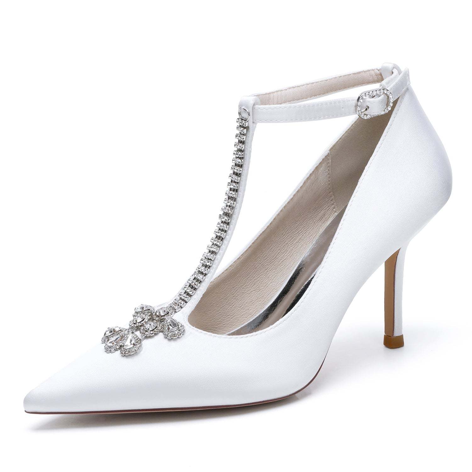 Bridal Stiletto Heels for Women with Rhinestone Buckles and Pointed Toes