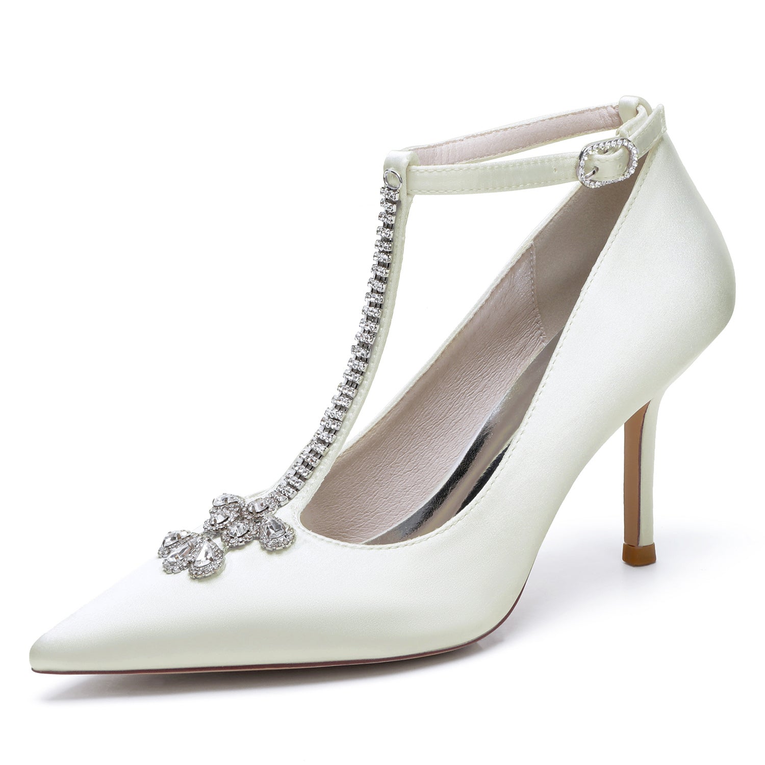 Bridal Stiletto Heels for Women with Rhinestone Buckles and Pointed Toes