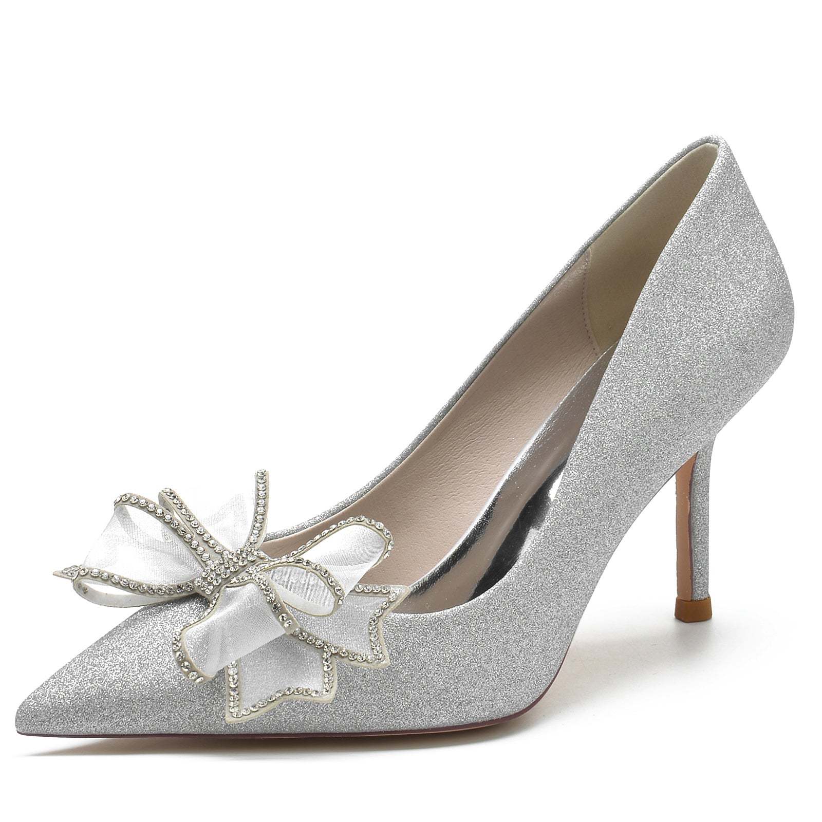 Bridal Stiletto Shoes for Women with Glitter and Pointed Toe Flower Design