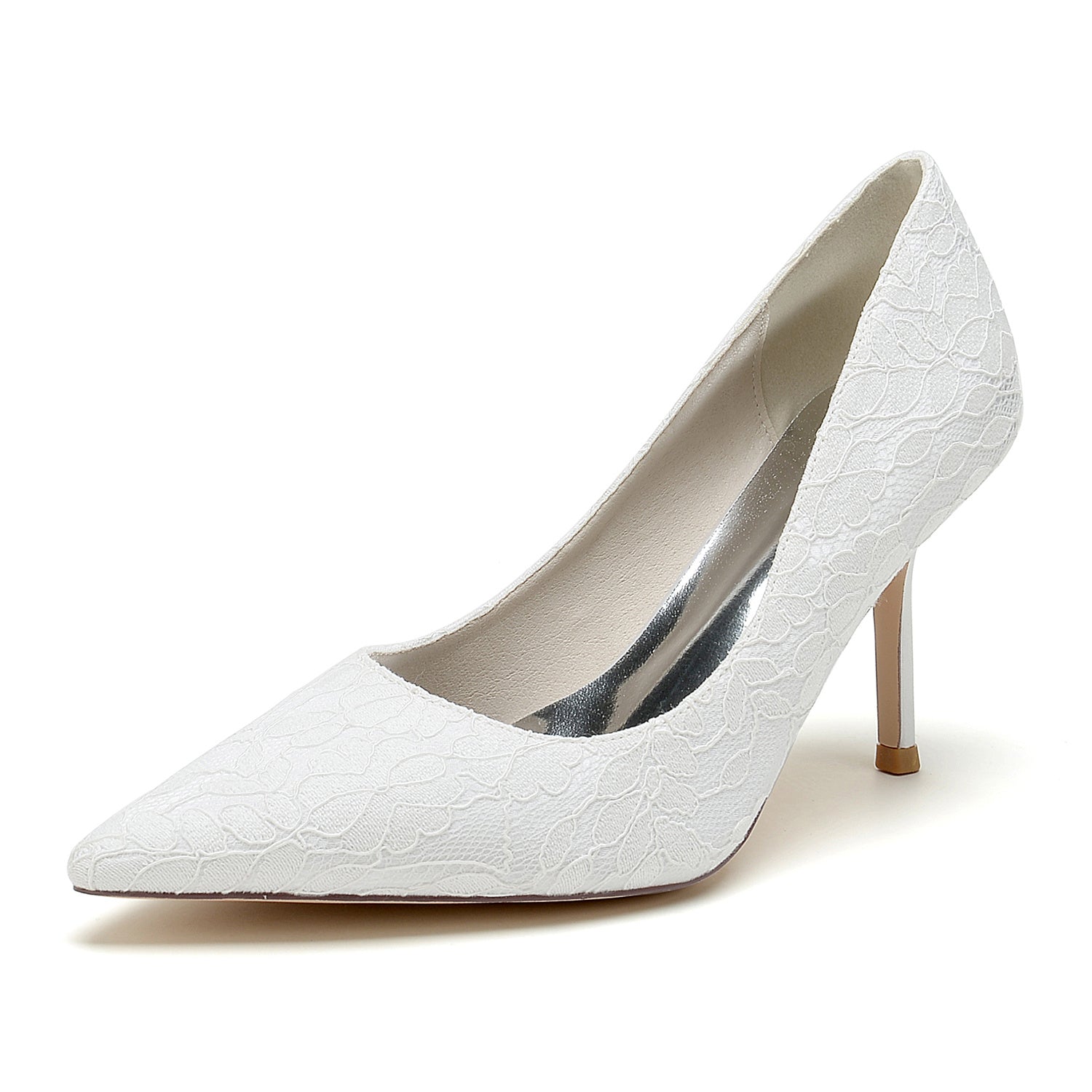 Bridal Stiletto Heels for Women: Minimalist Pointed Toe in Silk Satin with Lace