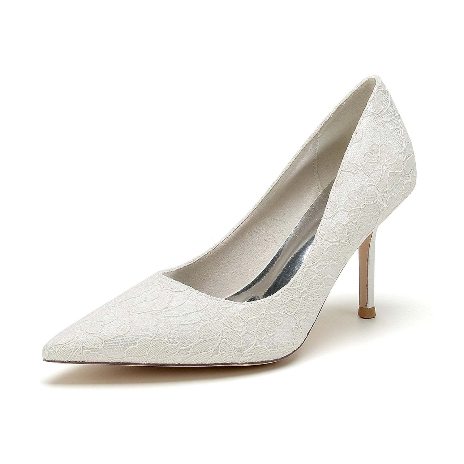Bridal Stiletto Heels for Women: Minimalist Pointed Toe in Silk Satin with Lace
