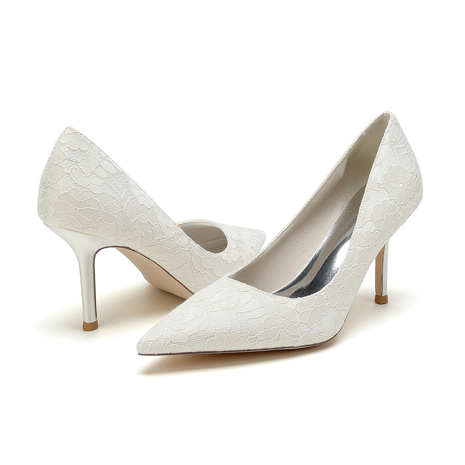 Bridal Stiletto Heels for Women: Minimalist Pointed Toe in Silk Satin with Lace