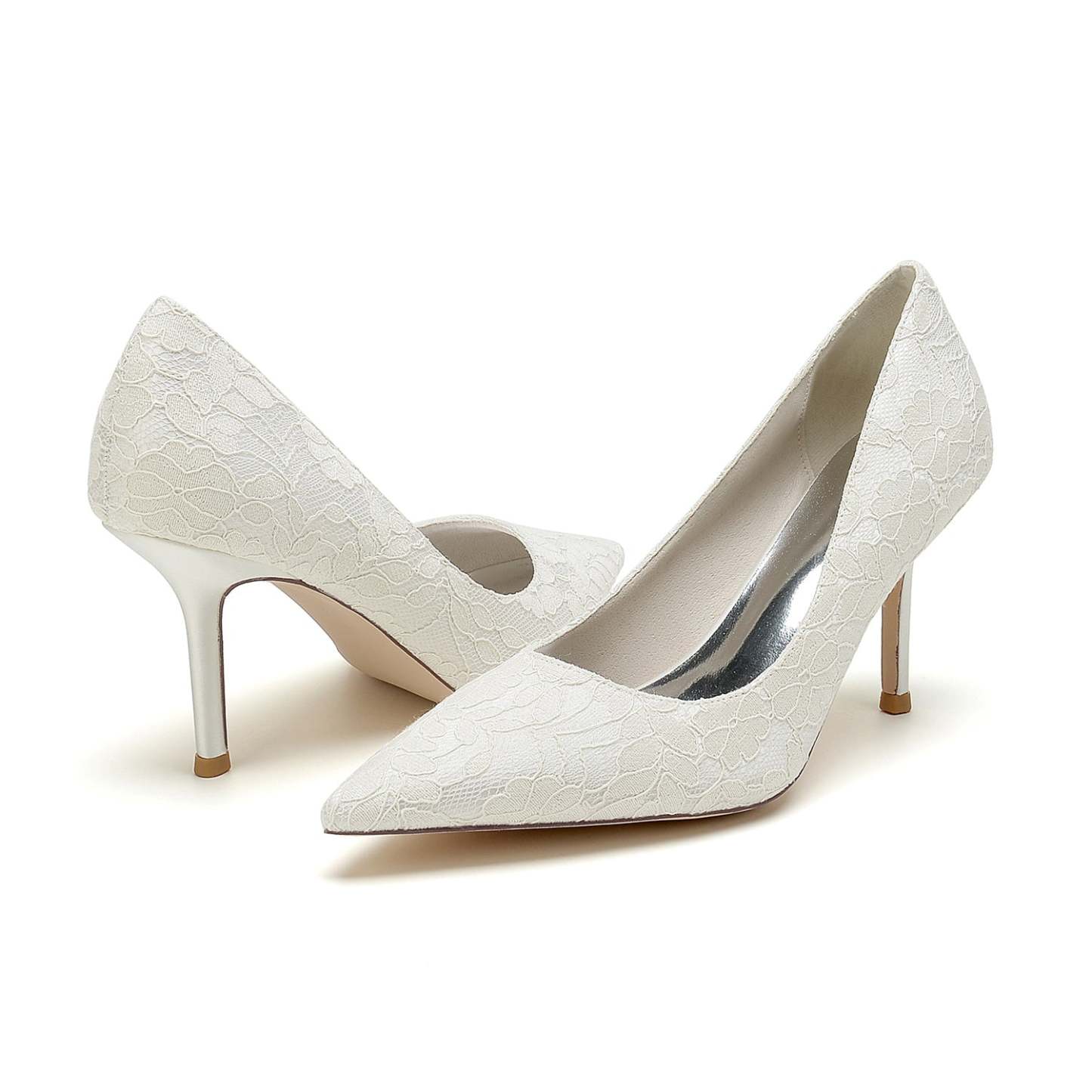 Bridal Stiletto Heels for Women: Minimalist Pointed Toe in Silk Satin with Lace