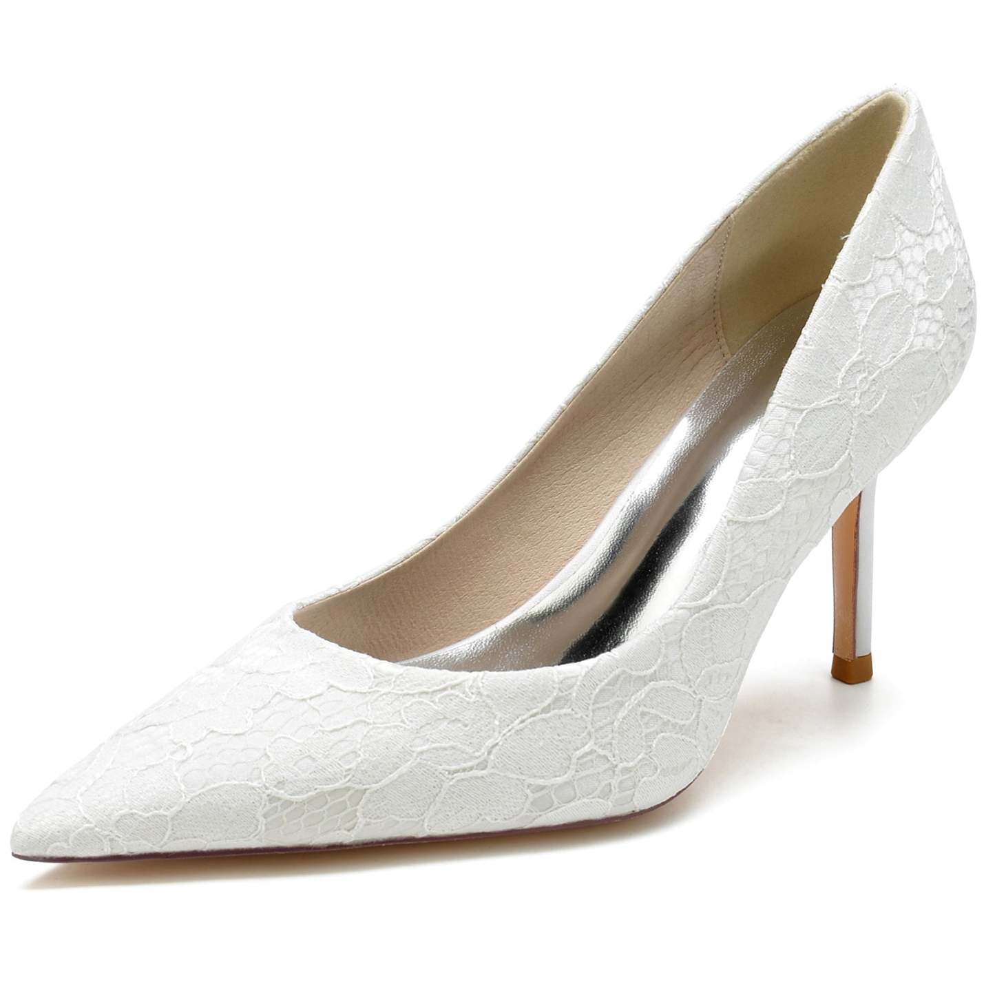 Bridal Stiletto Shoes for Women in White Silk Satin with Lace and Pointed Toe