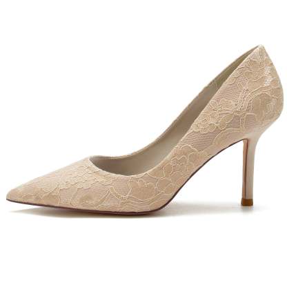 Bridal Stiletto Shoes for Women in White Silk Satin with Lace and Pointed Toe