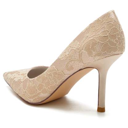 Bridal Stiletto Shoes for Women in White Silk Satin with Lace and Pointed Toe