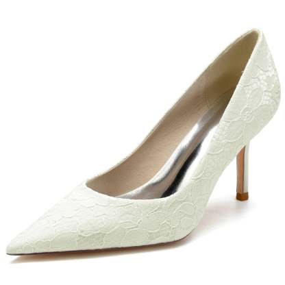 Bridal Stiletto Shoes for Women in White Silk Satin with Lace and Pointed Toe