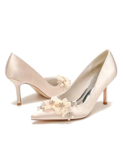Bridesmaid's Pointed Toe High Heel Wedding Shoes with Applique
