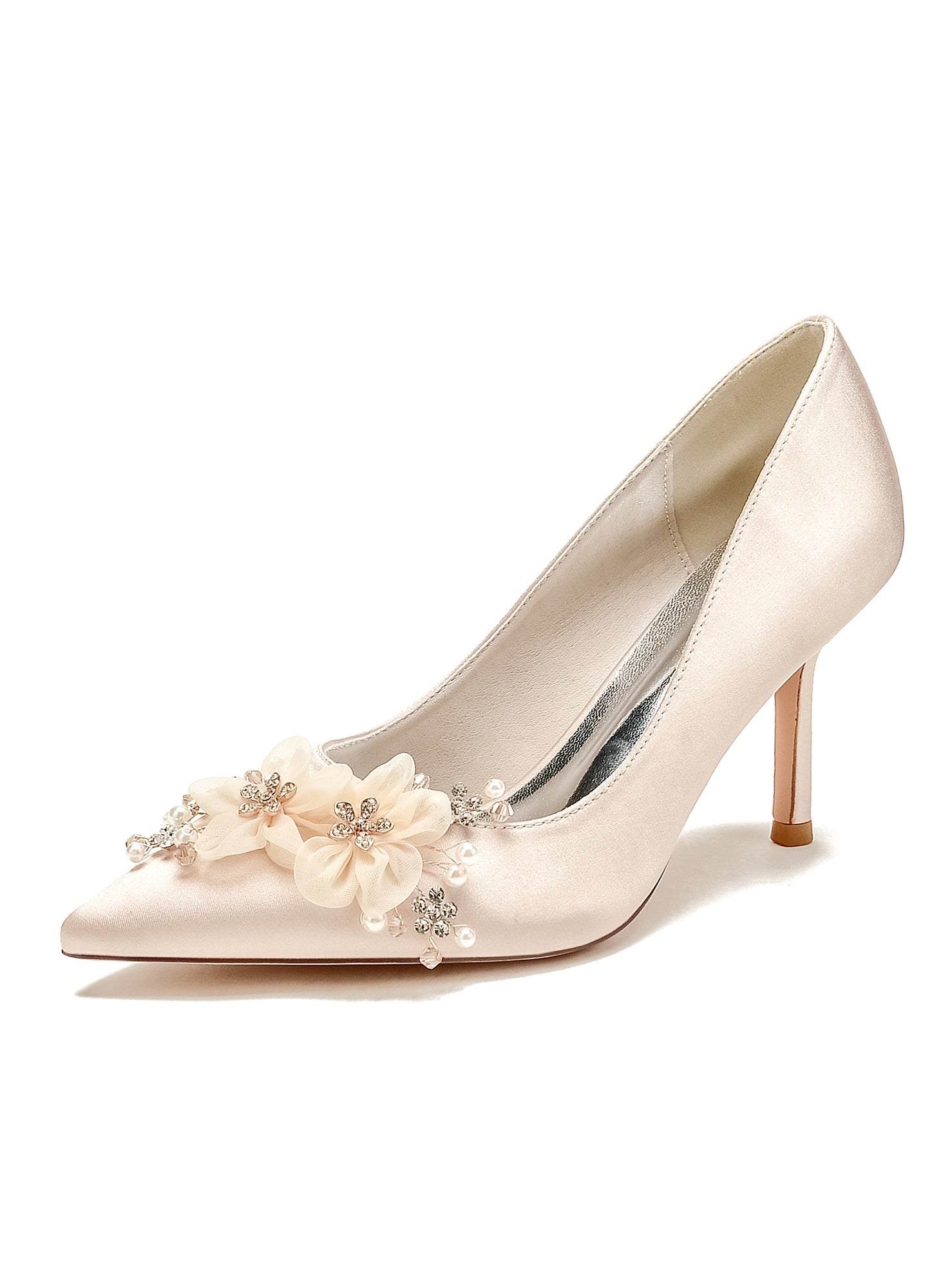 Bridesmaid's Pointed Toe High Heel Wedding Shoes with Applique