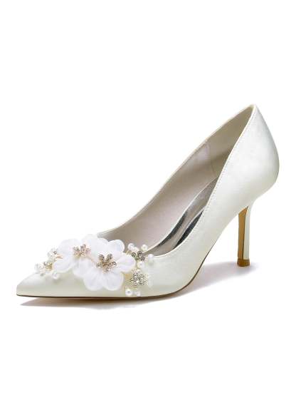 Bridesmaid's Pointed Toe High Heel Wedding Shoes with Applique