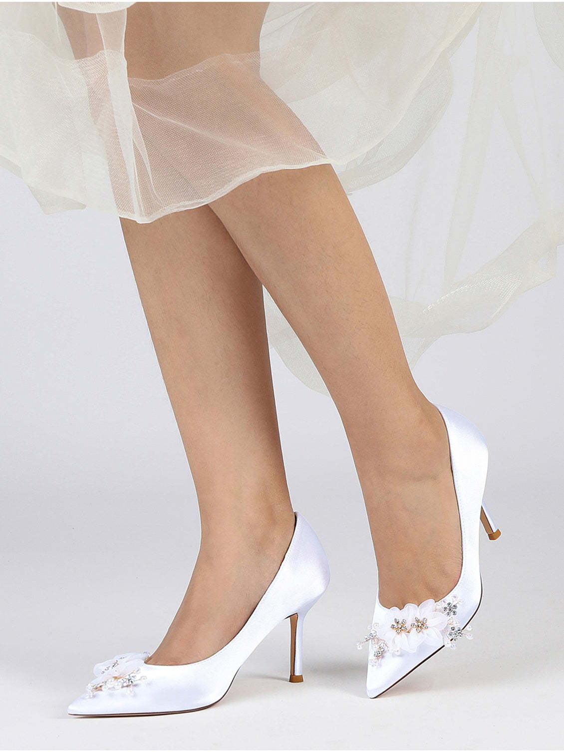 Bridesmaid's Pointed Toe High Heel Wedding Shoes with Applique