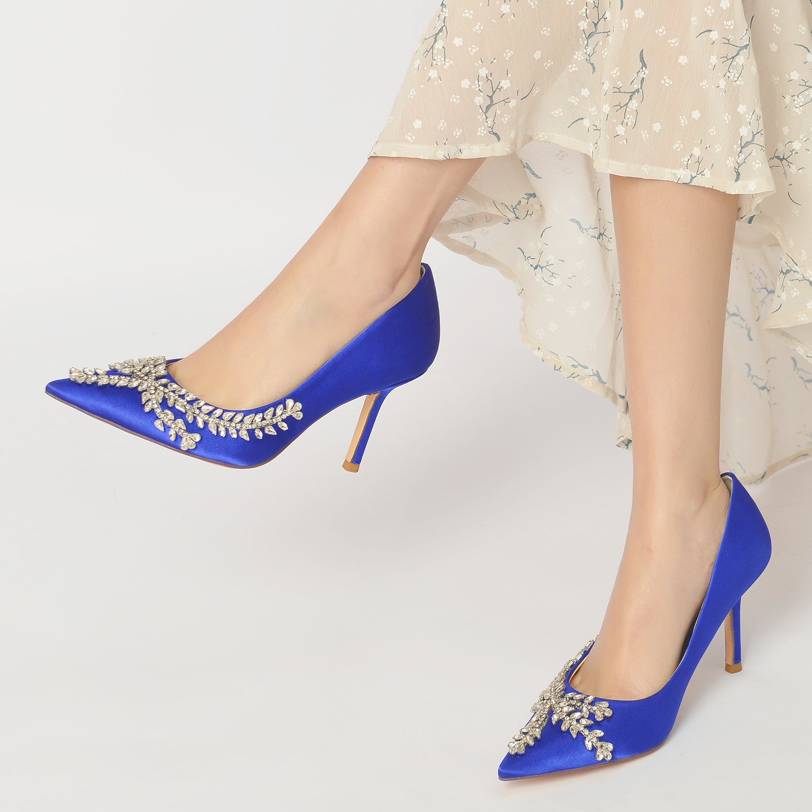 Royal Blue Silk Satin Bridal Shoes with Crystal Stiletto Pointed Toe for Women