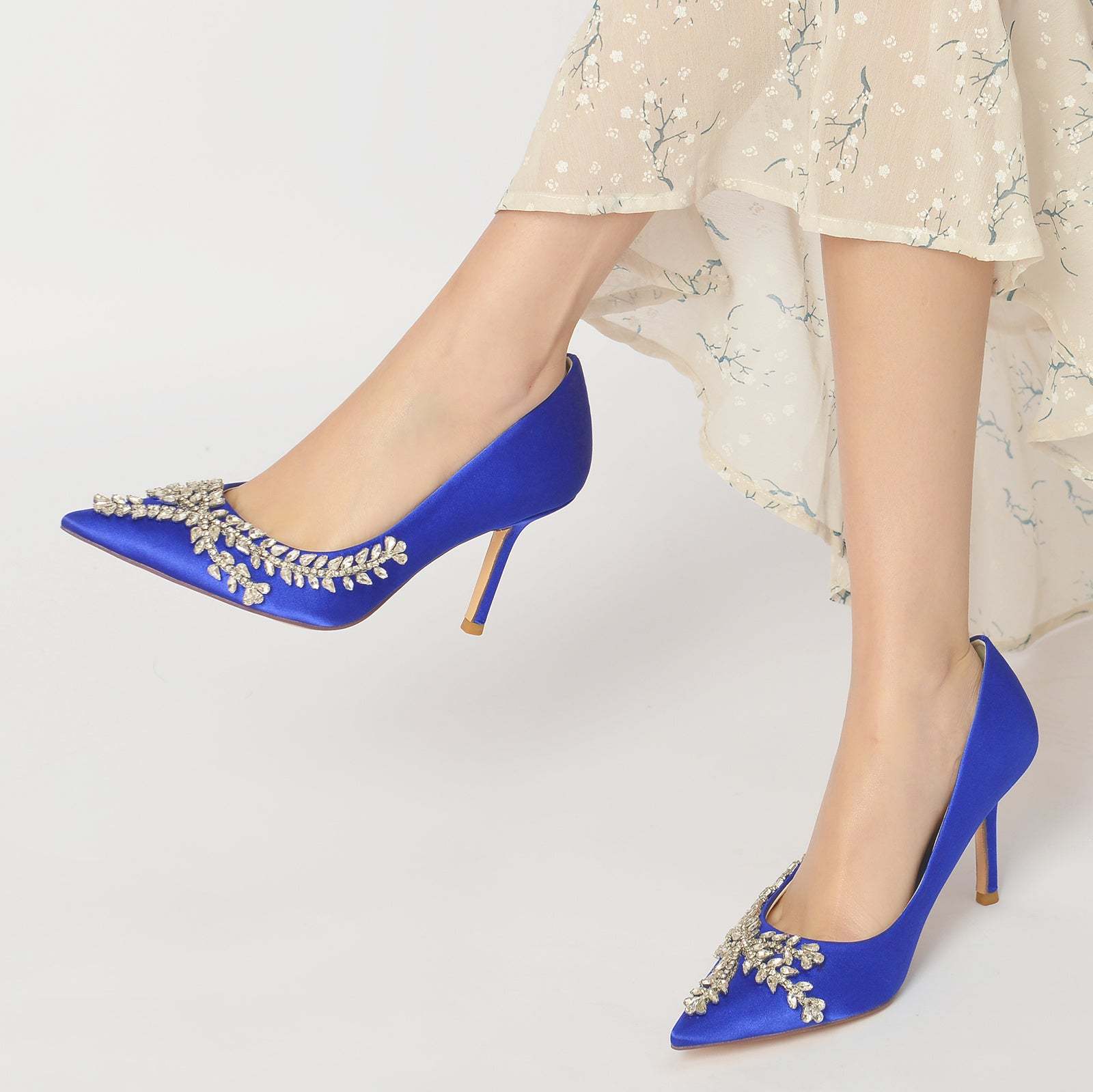Royal Blue Silk Satin Bridal Shoes with Crystal Stiletto Pointed Toe for Women