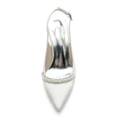 Bridal Stiletto Shoes for Women in White Pearl Silk Satin with Buckle and Pointed Toe