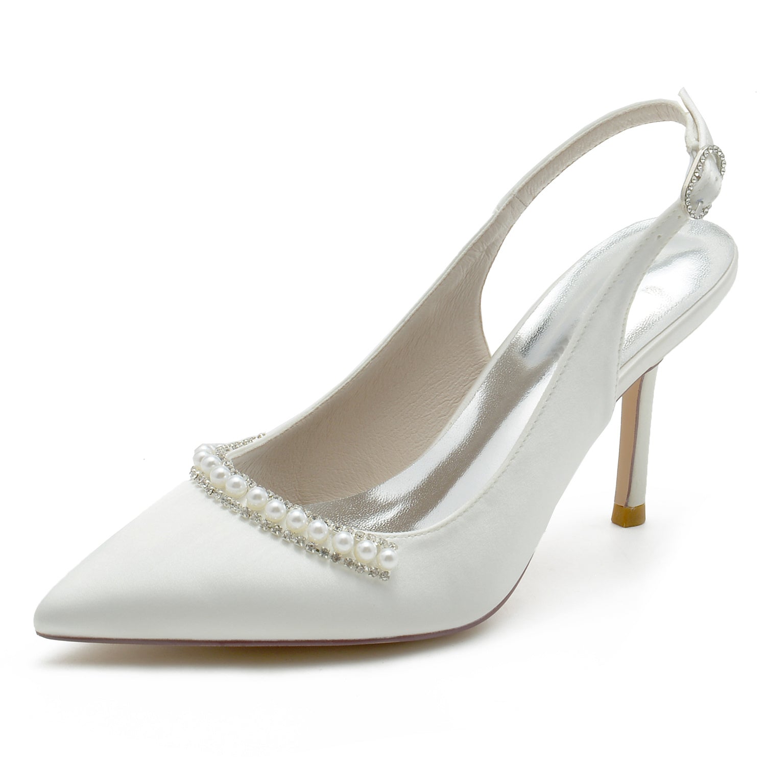 Bridal Stiletto Shoes for Women in White Pearl Silk Satin with Buckle and Pointed Toe