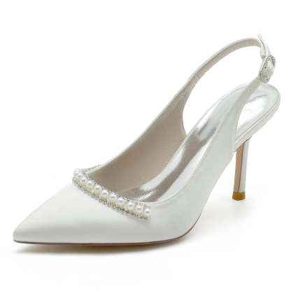 Bridal Stiletto Shoes for Women in White Pearl Silk Satin with Buckle and Pointed Toe