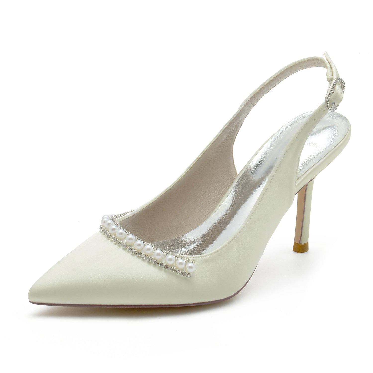 Bridal Stiletto Shoes for Women in White Pearl Silk Satin with Buckle and Pointed Toe