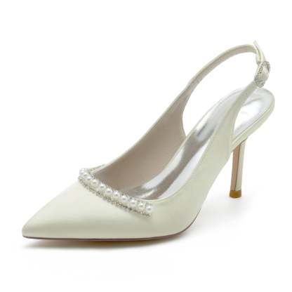 Bridal Stiletto Shoes for Women in White Pearl Silk Satin with Buckle and Pointed Toe