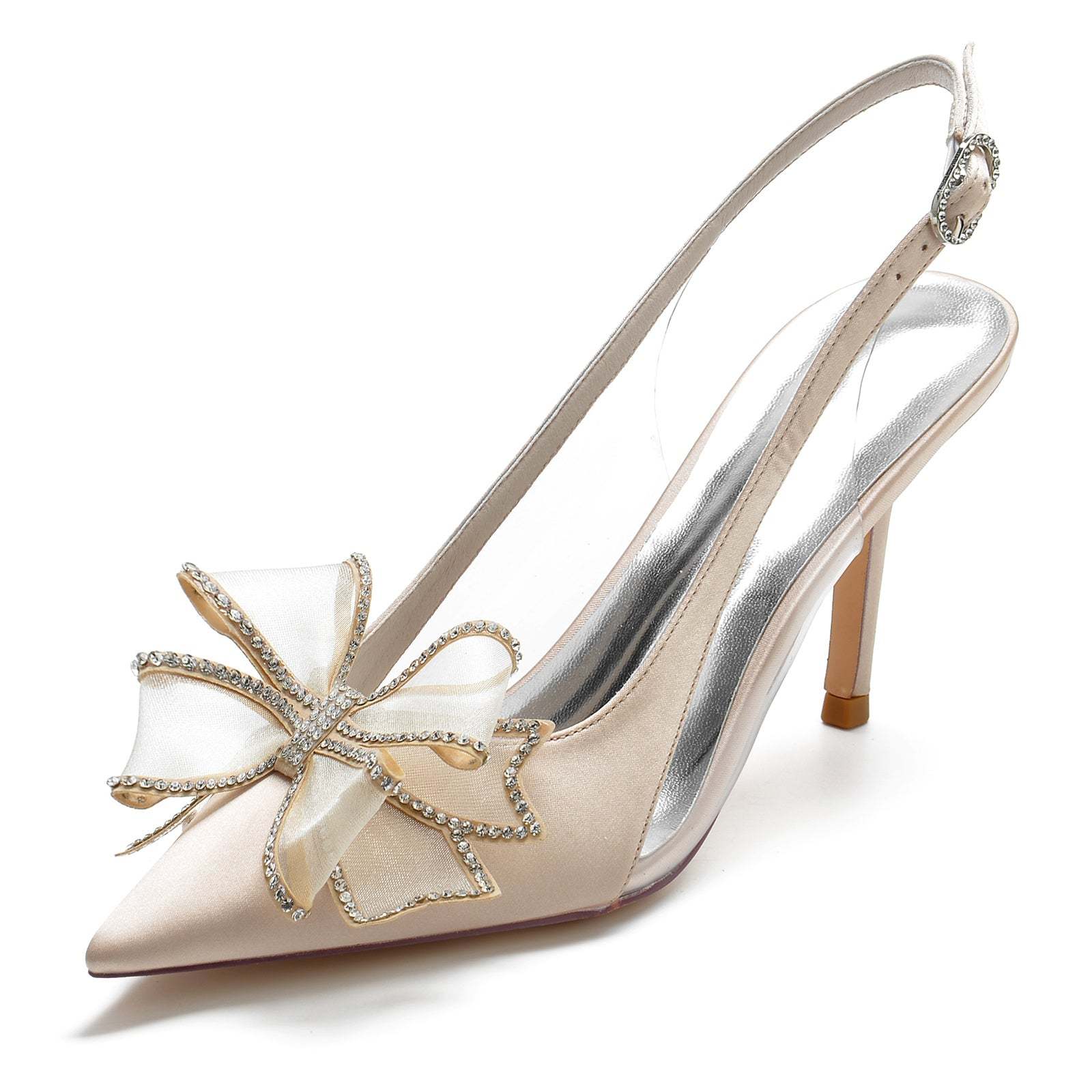 Bridal Stiletto Shoes for Women with Silk Satin Lace Bow and Pointed Toe