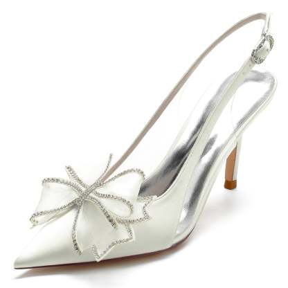 Bridal Stiletto Shoes for Women with Silk Satin Lace Bow and Pointed Toe