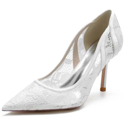 Bridal Stiletto Heels for Women in Silk Satin with Pointed Toe and Lace