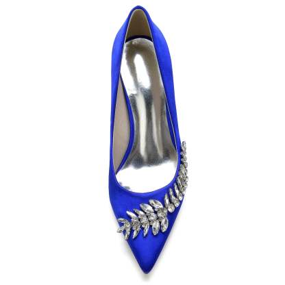 Bridal Stiletto Shoes for Women in Blue Silk Satin with Rhinestone Accents and Pointed Toe
