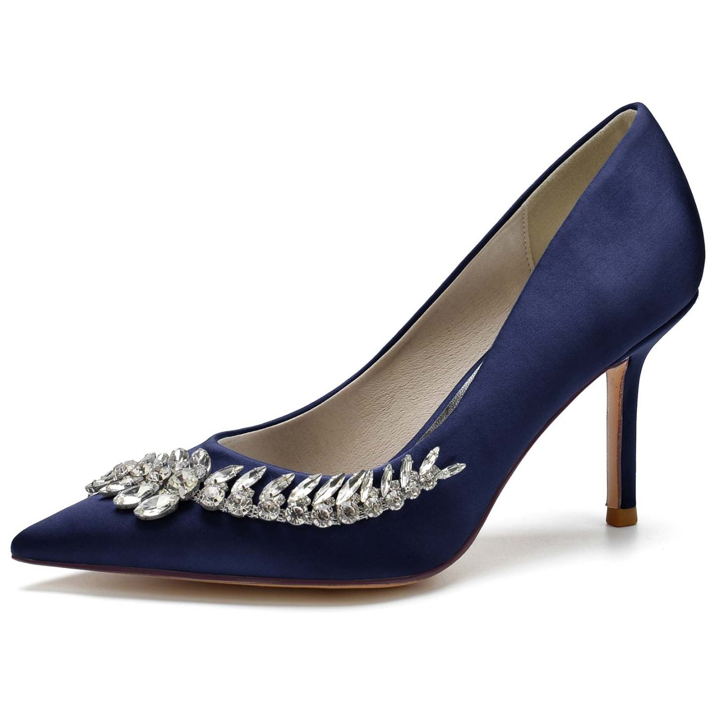Bridal Stiletto Shoes for Women in Blue Silk Satin with Rhinestone Accents and Pointed Toe