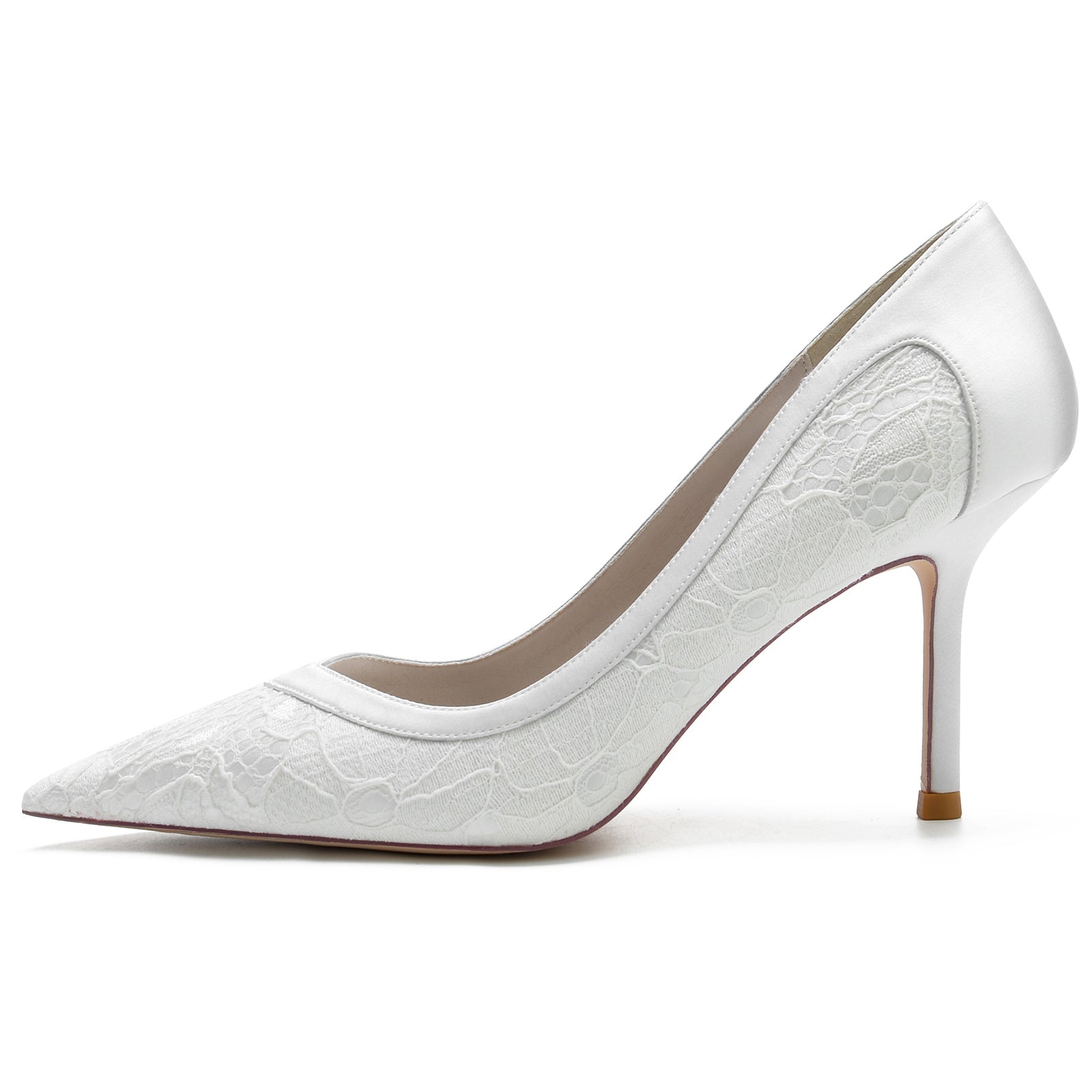 Bridal Stiletto Shoes for Women in Silk Satin with Lace and Pointed Toe
