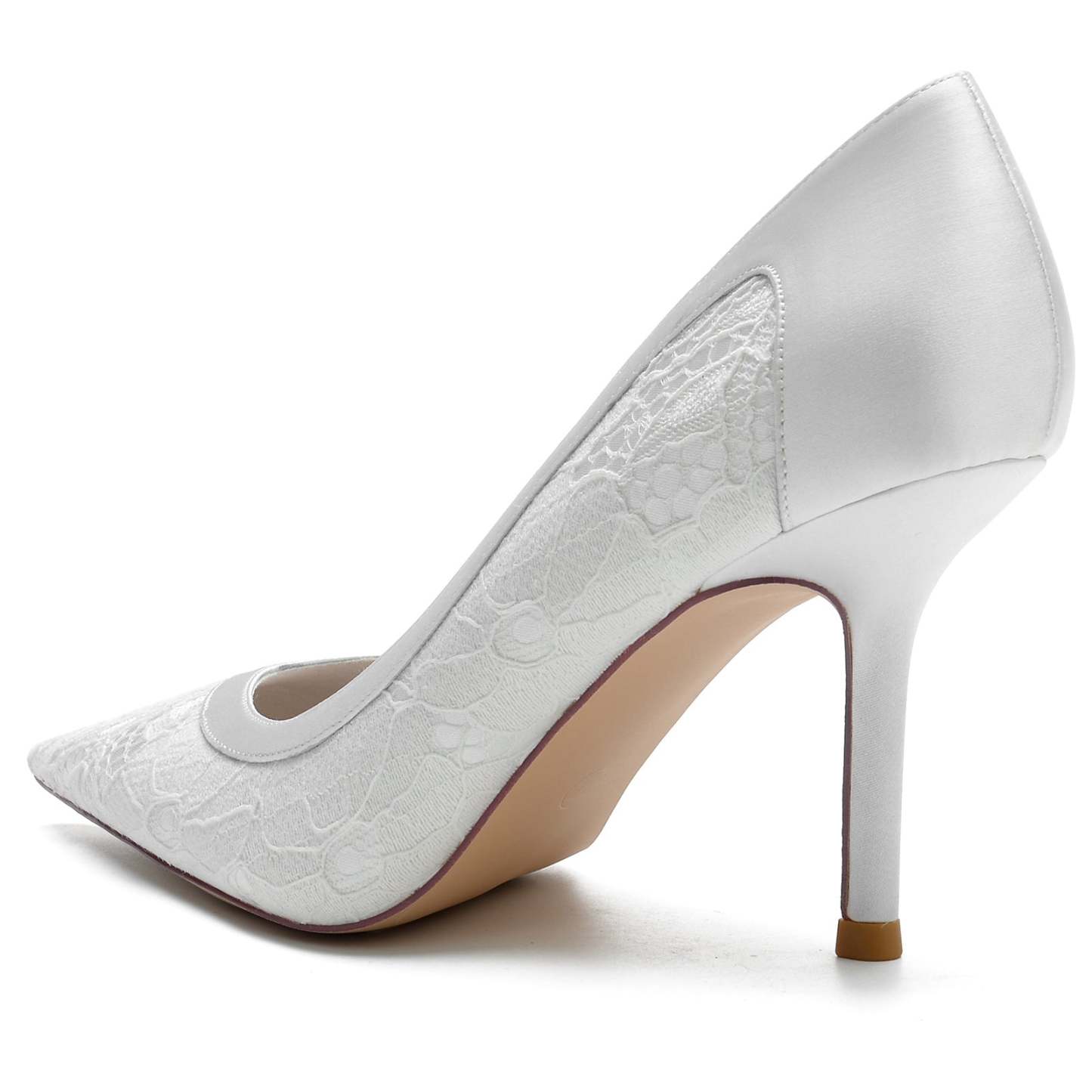Bridal Stiletto Shoes for Women in Silk Satin with Lace and Pointed Toe