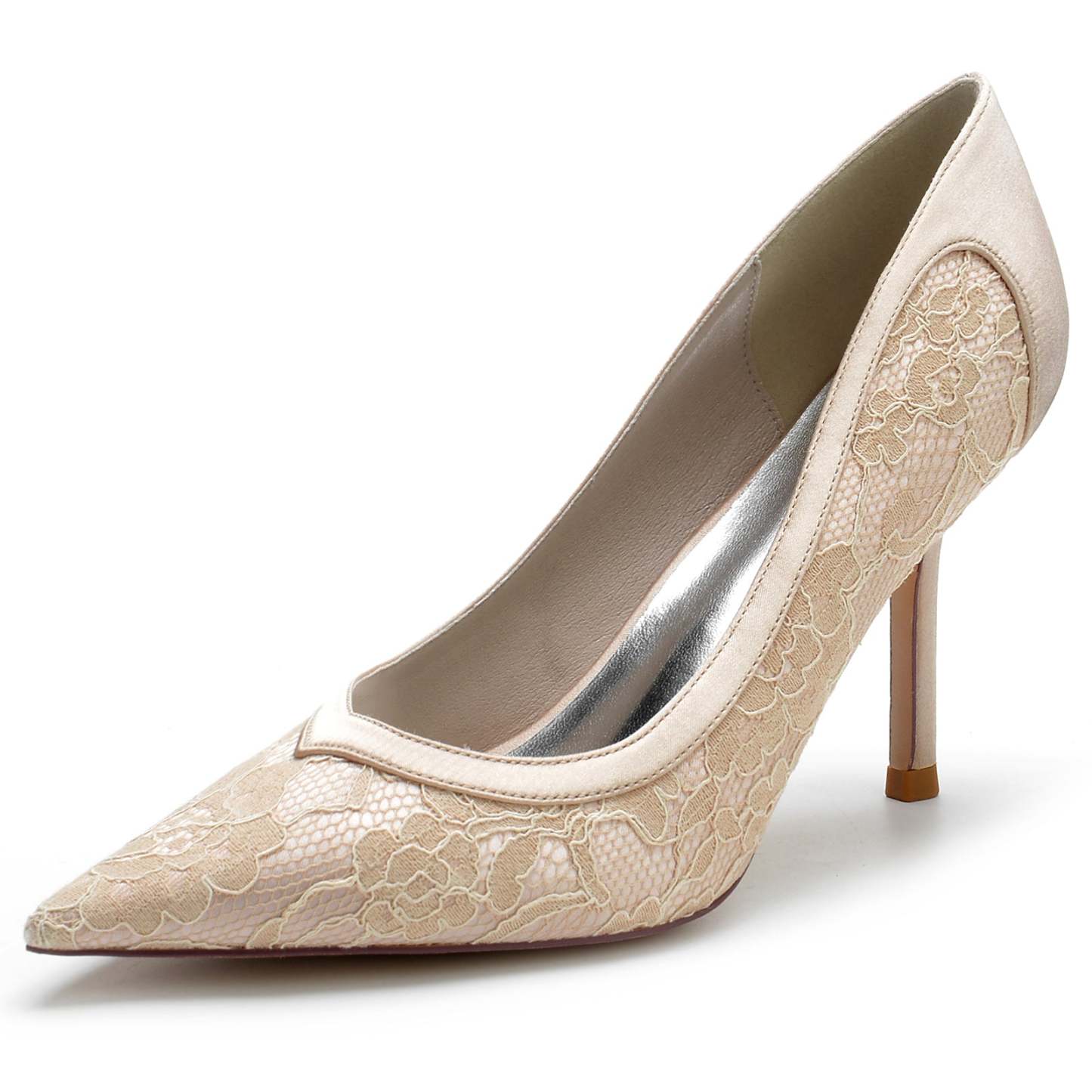 Bridal Stiletto Shoes for Women in Silk Satin with Lace and Pointed Toe