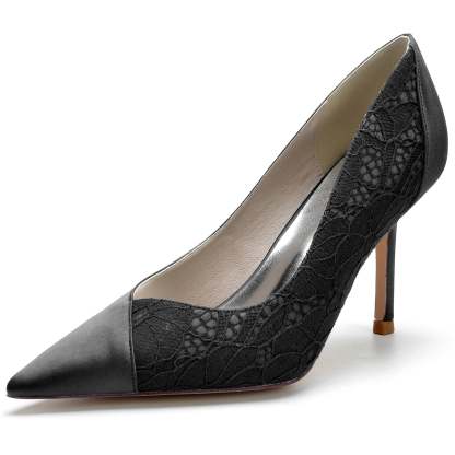 Bridal Stiletto Heel Shoes for Women in Silk Satin with Lace and Pointed Toe