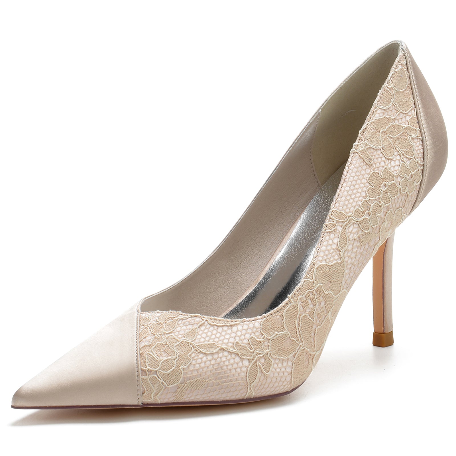 Bridal Stiletto Heel Shoes for Women in Silk Satin with Lace and Pointed Toe