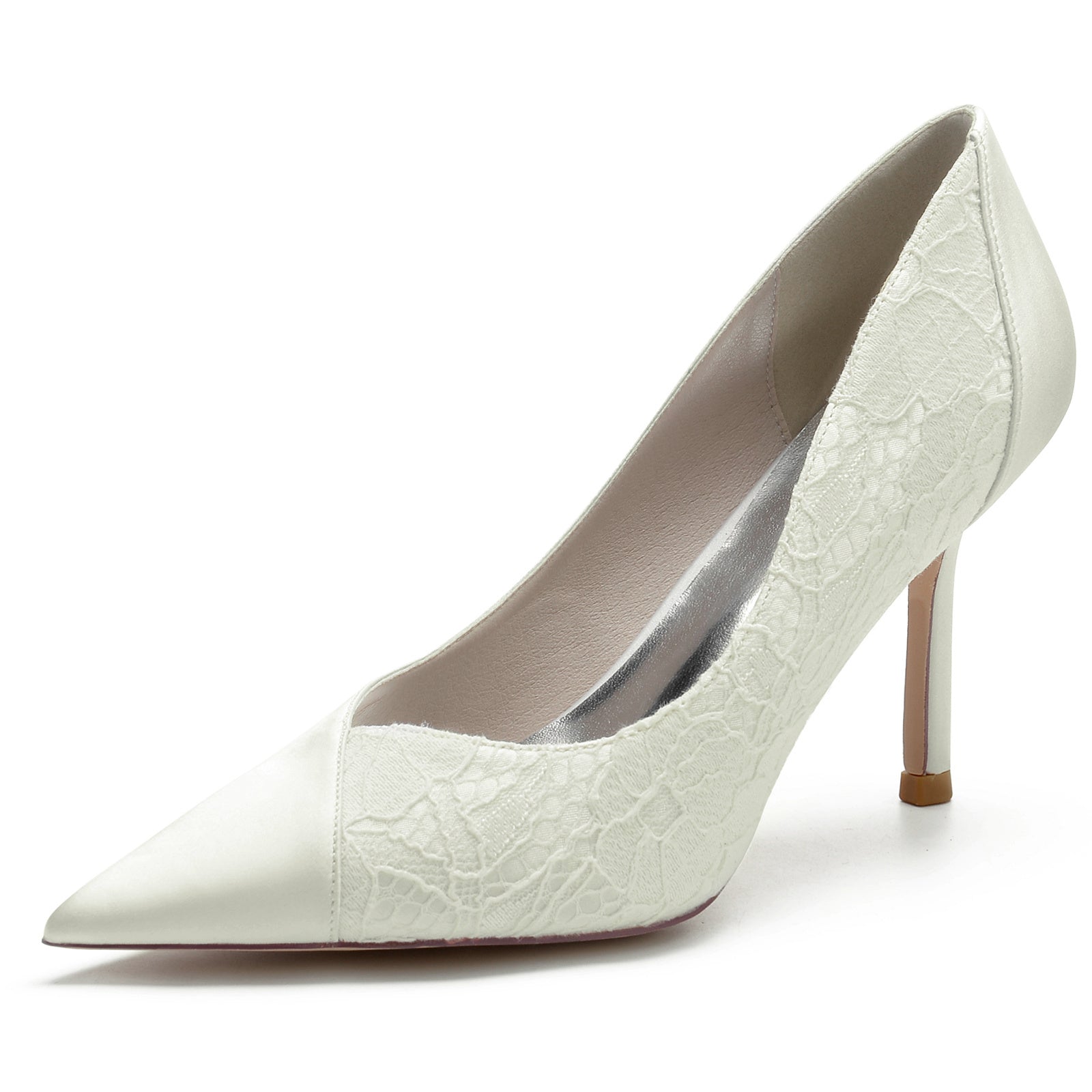 Bridal Stiletto Heel Shoes for Women in Silk Satin with Lace and Pointed Toe