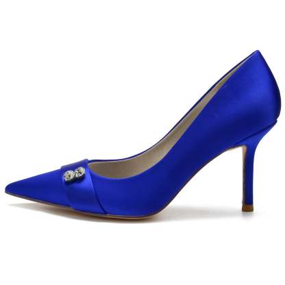 Bridal Stiletto Shoes for Women in Blue Silk Satin with Diamond Accents and Pointed Toe