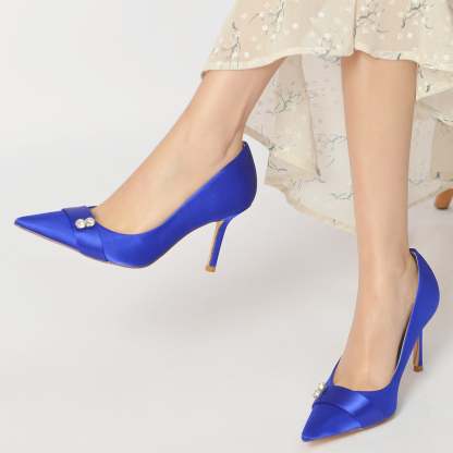 Bridal Stiletto Shoes for Women in Blue Silk Satin with Diamond Accents and Pointed Toe