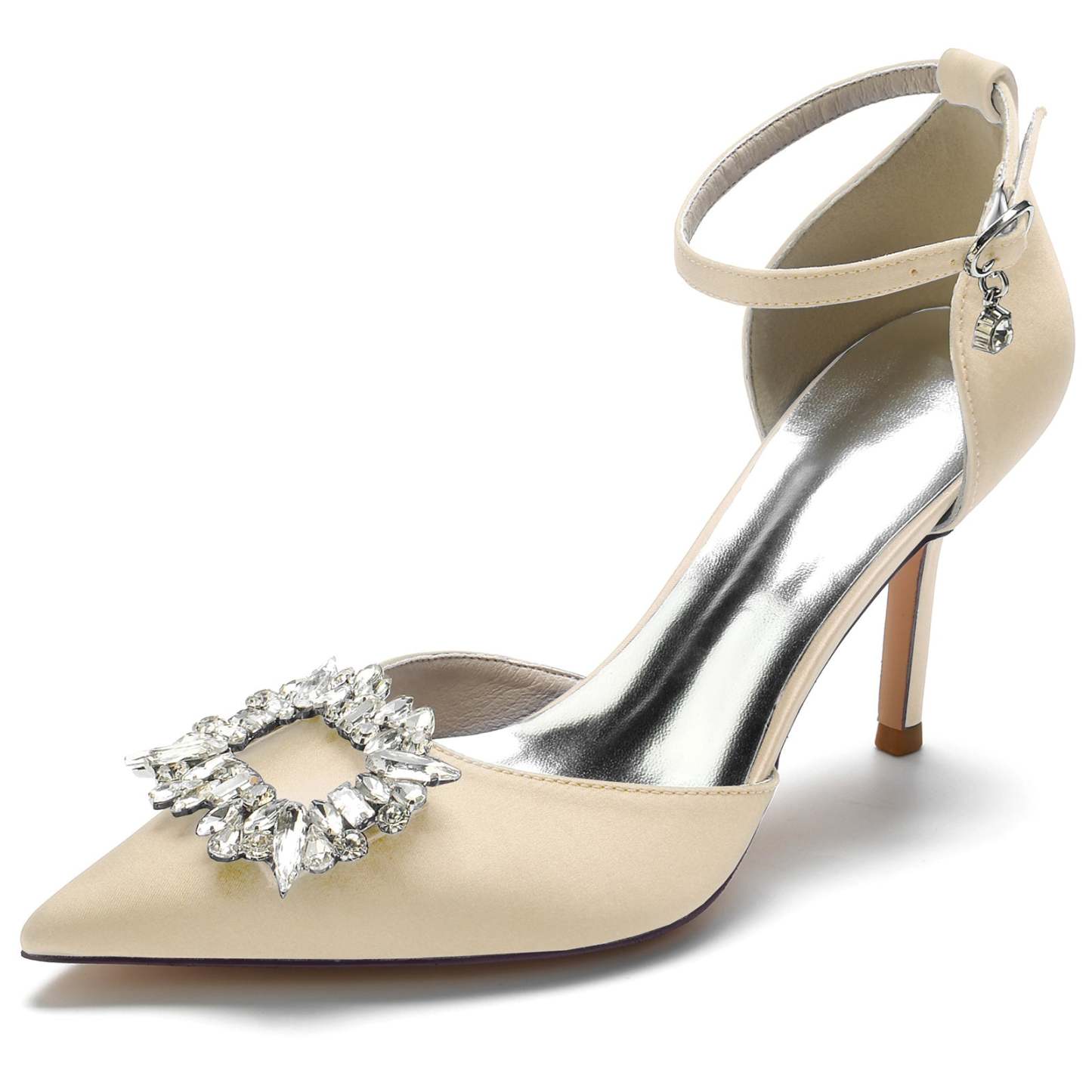 Bridal Stiletto Heels with Square Crystal Buckle and Pointed Toe for Women